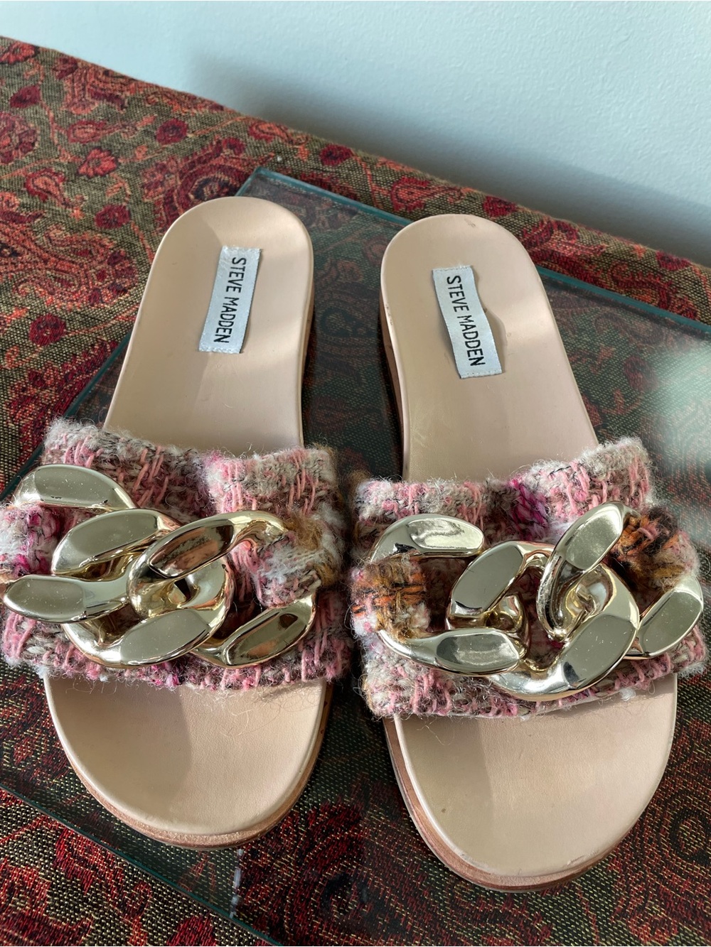 Steve Madden Pink Tweed Slide Sandals with Gold Chain 7